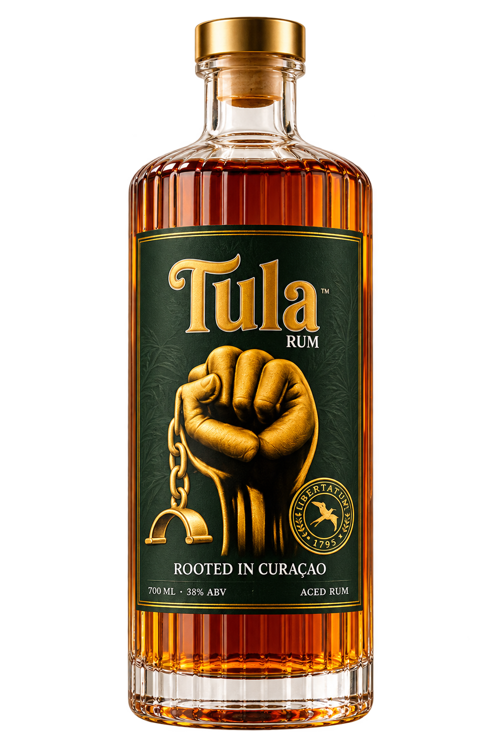 Tula aged rum, with a gold cap and a deep green label featuring a golden raised fist and open chain